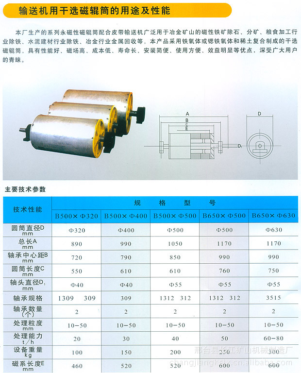 選礦設備輸送機用干選磁輥筒產(chǎn)品詳細說明